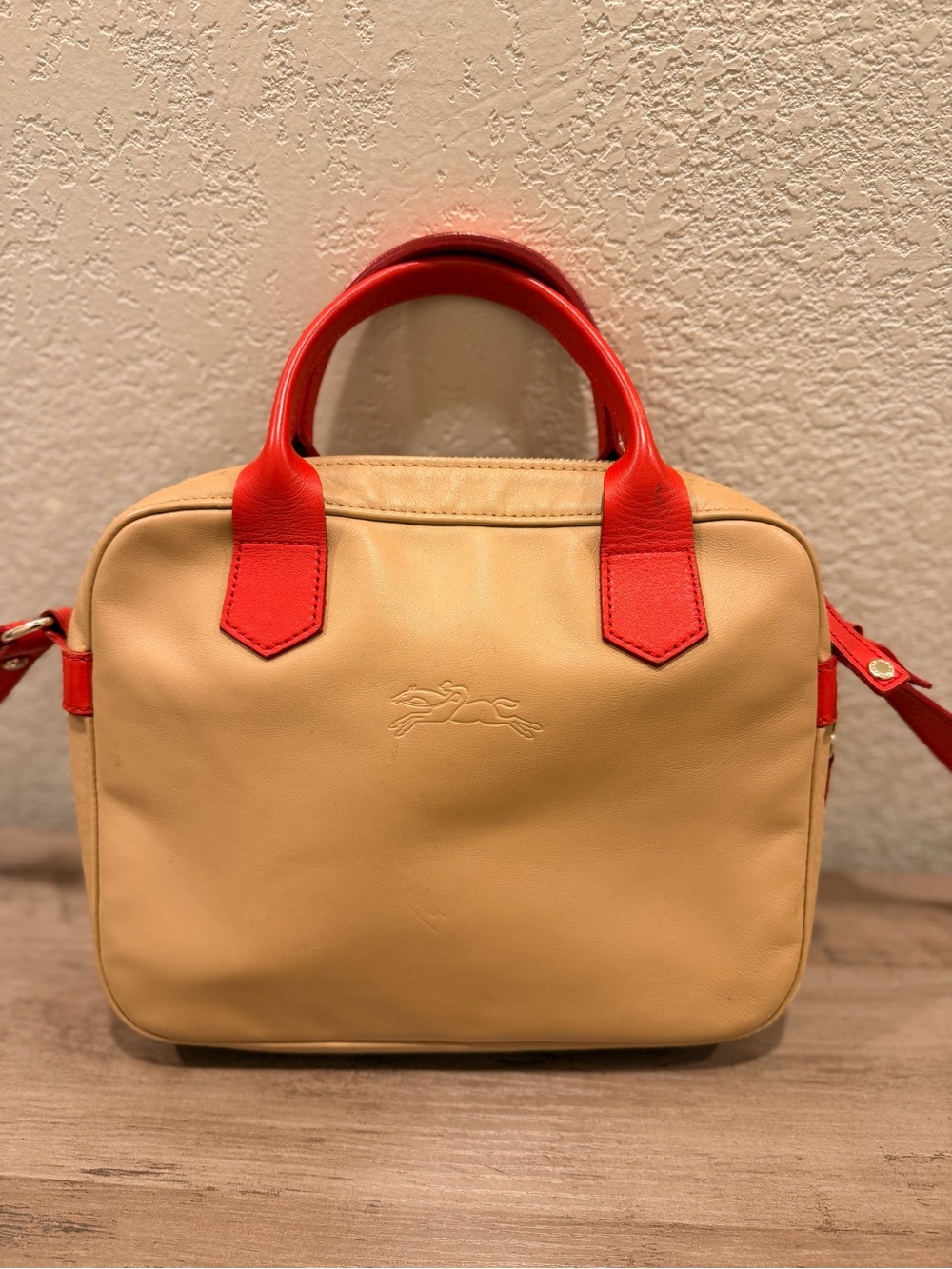 Longchamp Beige and Red Leather Satchel Handbag